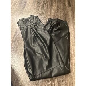 Faux Leather Pants High Waist Elastic Waistband‎ Joggers Style Black